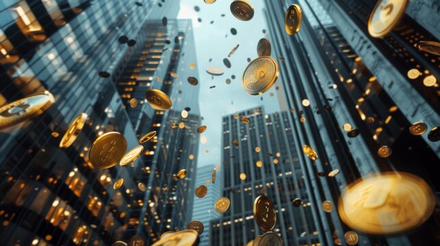 Many coins fall from above, symbolizing the current inflation rate.