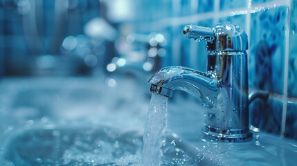 Water flowing from a bathroom faucet. Concept for plumbing industry.