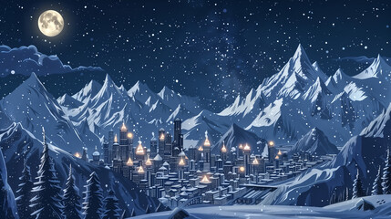 A snow-covered metro city surrounded by mountains under a starry