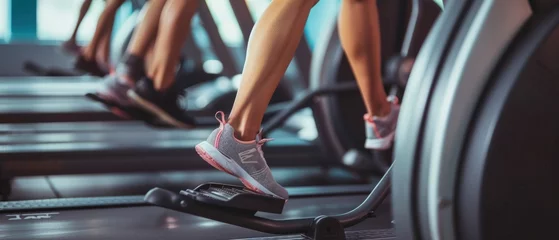Foto op Aluminium Close up healthy legs is riding a spin bike in gym. Fitness man is doing cardio exercise on cycling bikes. people working out on an elliptical trainer in gym.Back view © RereArt