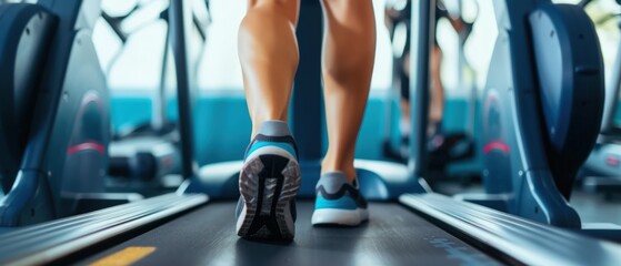 Closeup leg of cardio workout Low section of a woman running on a treadmill in a fitness center - obrazy, fototapety, plakaty