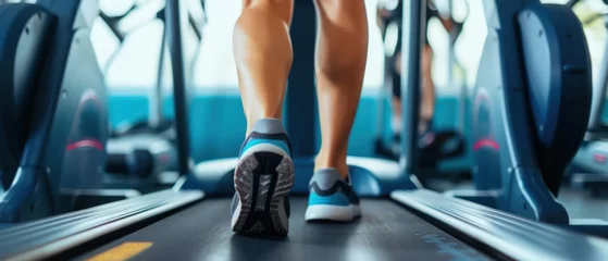 Foto op Canvas Closeup leg of cardio workout Low section of a woman running on a treadmill in a fitness center © RereArt