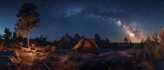 Milky Way with stars and tent in foreground, Traveler camping