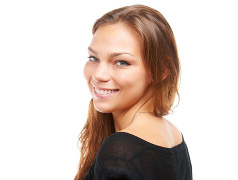 Portrait, smile and beauty of woman in studio isolated on a white background mockup space. Face, model and a happy young person with natural skin, hair and casual fashion on a backdrop in Ireland