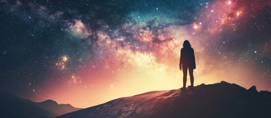 Woman standing on planet surface and looking at milky way.