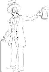 Leprechaun man character holding beer mug in line art.