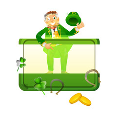 Happy leprechaun man character with st patrick's day festival elements and space for your message.
