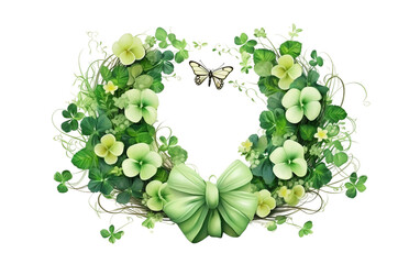 Green Clover Wreath Adorned with Flowers and Ribbons Isolated on Transparent Background PNG.