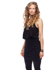 Mature woman, portrait and serious in studio, casual aesthetic and confident on white background. Female person, curly hair and fashion on mockup space, attitude and proud of trendy outfit or clothes