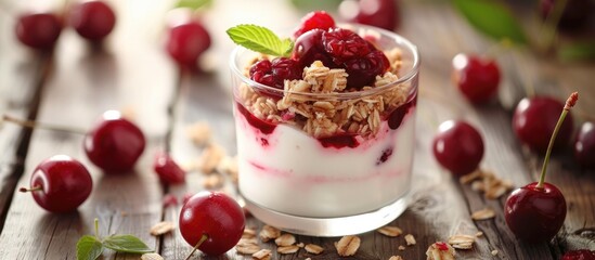 A glass filled with creamy yogurt topped with tart cherries and crunchy granola. The combination creates a satisfying and nourishing breakfast or snack option.
