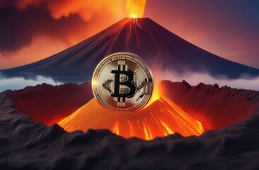 Illustration of bitcoin cryptocurrency convulsing out of volcano with lava. Bitcoun growing fast. Bitcoin coin is on top of a volcano, volcanic eruption, cryptocurrency. Bitcoin cryptocurrency design.