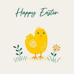 Cute cartoon chick, happy easter, vector illustration. Easter egg hunt poster invitation template vector. Happy easter Holliday banner.	