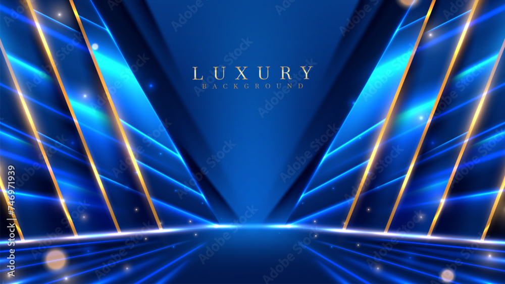 Poster blue luxury background with golden line decoration and curve light effect with bokeh elements. moder