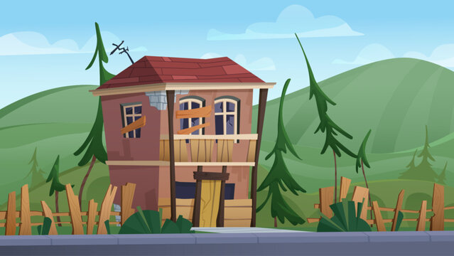 Abandoned old broken house with damaged fence on background with green hills. Cartoon vector dilapidated building with cracked windows boarded up with wooden planks, destroyed walls, derelict roof.