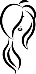 Black line art illustration of beautiful young girl icon.