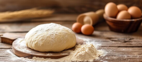 Fototapeta na wymiar Homemade Dough Ball on Rustic Wooden Board for Baking Preparation