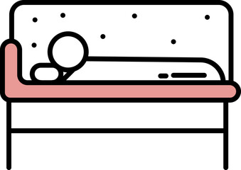 Outline Sickness Man on Bed icon in peach pink and white color.
