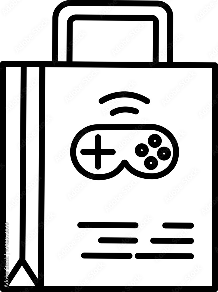 Sticker Gamepad on Shopping Bag Icon in Thin Line Art.