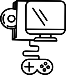 CD Player Monitor and Gamepad Icon in Black Line Art