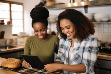 Two women reviewing a meal together on a tablet
