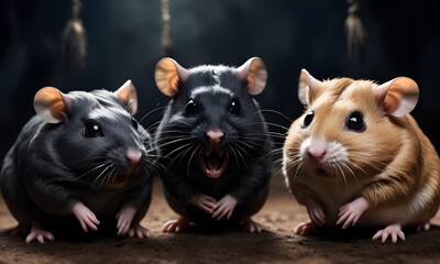 Three animated rodents engage in a spirited discussion, possibly strategizing. The dark, moody backdrop hints at the gravity of their conversation. AI Generative