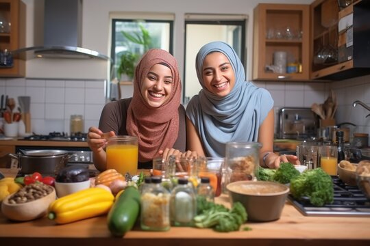 Two women standing around a wooden counter in a kitchen, smiling and enjoying their time preparing a meal with fresh vegetables and various ingredients.
