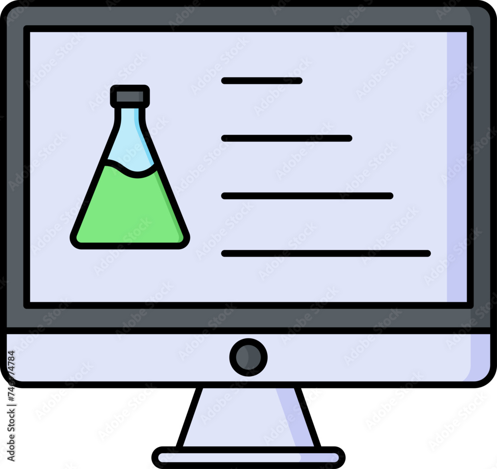 Poster flat style chemical search flask in computer screen icon.