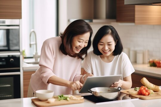 Two women in the kitchen using a tablet computer