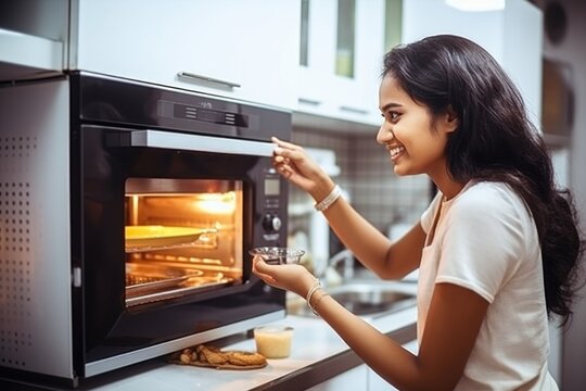 Delightful woman checking on her food in the oven. Fictional Character Created By Generated By Generated AI.