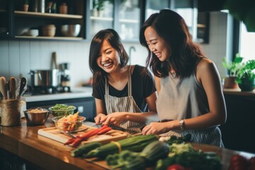Two women laugh and prepare a meal together in the kitchen. Fictional Character Created By Generated By Generated AI. - obrazy, fototapety, plakaty