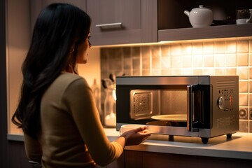 A woman interacting with a microwave in the kitchen. Fictional Character Created By Generated By Generated AI.