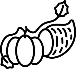 Cornucopia with pumpkin icon in line art.