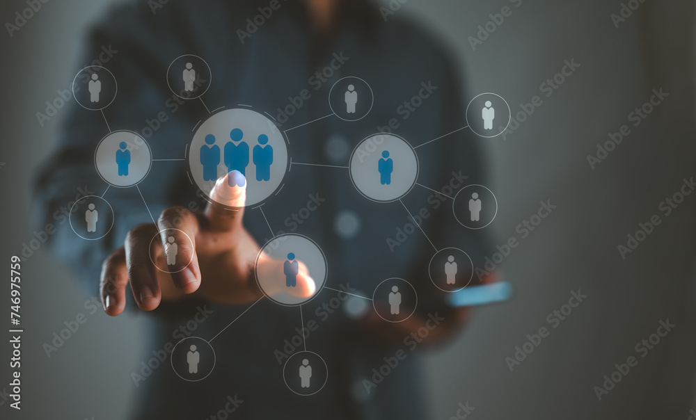 Poster hr, human resources management concept. person touch connected network of human resources for organi