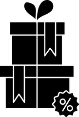Gift Boxes With Percentage Offer Icon In B&W Color.