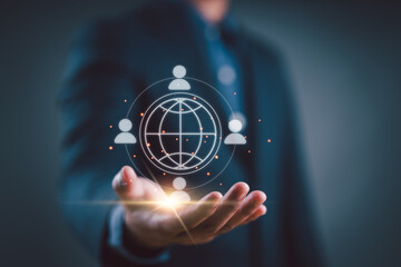 Outsourcing concept. Human resources and global recruitment for business. Person hold virtual...