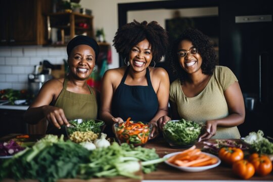 Three Women Smiling and Preparing Healthy Foods