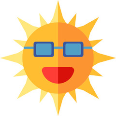 Cartoon sun wearing glasses icon in flat style.
