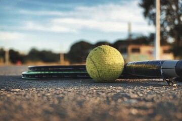 Imagine a tennis ball lying motionless on the surface of the court, its vibrant hue contrasting sharply against the smooth, pale green of the playing surface.

The ball is perfectly spherical, with a  - obrazy, fototapety, plakaty