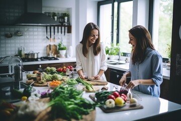 Two women preparing a meal in a kitchen. Fictional Character Created By Generated By Generated AI.
