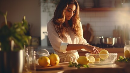 Beautiful woman in the kitchen with a variety of fruit