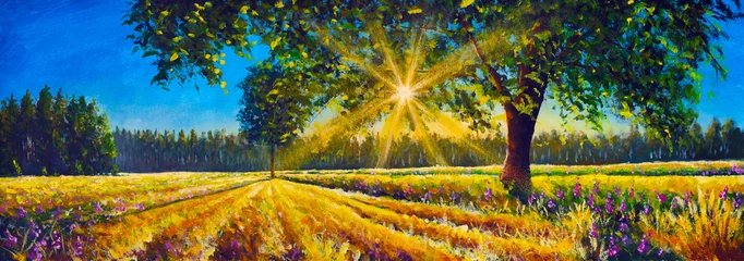 Schilderijen op glas Extra Wide Panorama Of Gorgeous sunny landscape field, big trees and forest in background painting by artist © Original Painting