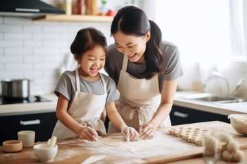 A mother and daughter cooking together in the kitchen, Fictional Character Created By Generated AI. - Powered by Adobe