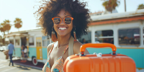 A vibrant portrait of a smiling woman with curly hair and sunglasses, standing with her suitcase in a sunny travel setting - Powered by Adobe