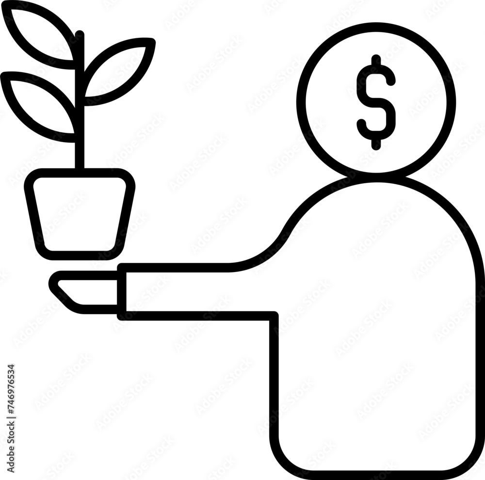 Wall mural Black line art illustration of Financial man holding plant icon.