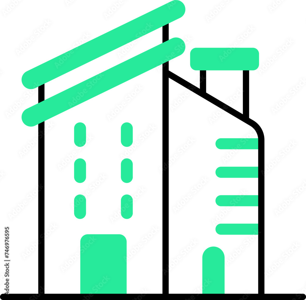 Sticker green and black building icon in flat style.