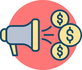 Money announcement megaphone icon in blue and yellow color.