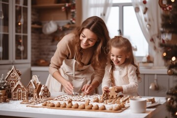 A young woman and a little girl are making cookies together in the kitchen.. Fictional Character Created By Generated By Generated AI. - obrazy, fototapety, plakaty