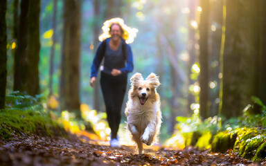eine Frau läuft Ihrem Hund im Wald hinterher