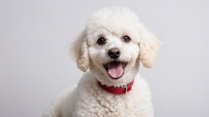 Obraz premium Portrait of White poodle dog on grey background