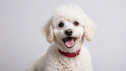 Portrait of White poodle dog on grey background